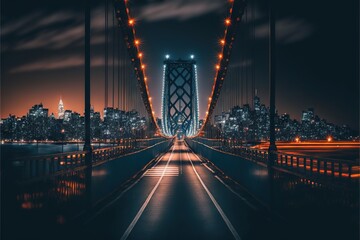  a long bridge with lights on at night time with a city in the background and a bridge with lights on at night time with a bridge and a city in the foreground.  generative ai