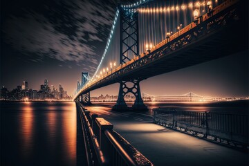  a bridge that is over water with a city in the background at night time with lights on it and a city skyline in the background.  generative ai