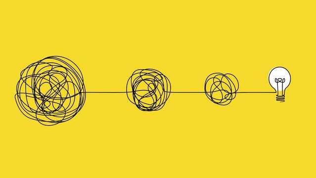 idea generation and collecting thoughts concept, brainstorming continuous single line drawing with complex entangled line unraveling to glowing light bulb, line art animation