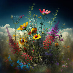 Fototapeta na wymiar meadow blooming with wildflowers, generative ai