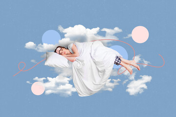 Inspiration magazine template collage of sleeping woman comfy dreaming air fly sky clouds on...