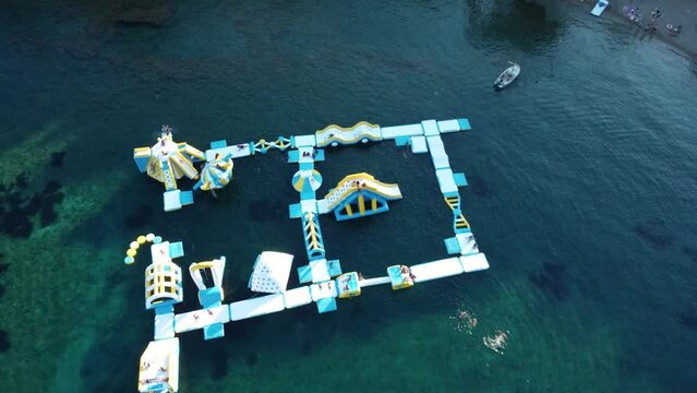 Inflatable water park drone shot