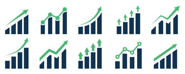 Business growth graph icons set. Business chart. Financial rise up. Increase profit.