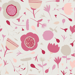 Floral seamless pattern in a pink and beige colour on a grey background
