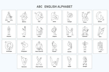 Children's English alphabet in the form of symbols of professions. Vector illustrations in the style of linear art.  A set of coloring books for children