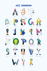 Children's English alphabet in the form of characters of professions. Vector illustrations in a flat style.