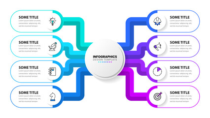 Infographic template. 8 lines with icons and text connected in the middle