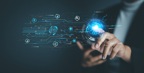 Business hand touching protects business performance and metaverse world map with a cloud icon and digitally online. global internet network technology, social media marketing, and big data concepts.