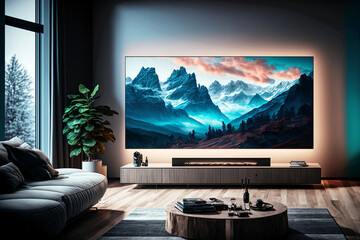 Living room with big tv screen. Generative ai.