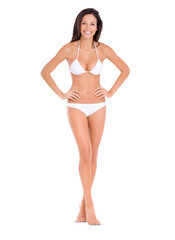 Full length shot of a beautiful brunette model in a bikini posing with her hand on her hips isolated on a PNG background.