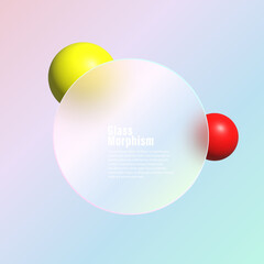 Glassmorphism background design. Transparent round glass disc with colorful geometric spheres.