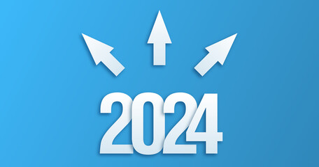 2024 year and arrows pointing in different directions on blue concept background