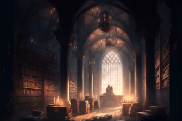 Twilight in gothic library. Fantasy magical scene. Generative ai.