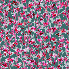 Floral background with cute pink twigs and leaves. Seamless pattern. Design for fabric and wallpaper.