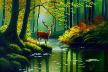 Oil painting art poster, generative Ai of landscape with a deer