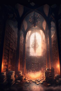Fantasy library in gothic cathedral. Fantasy magical scene. Generative ai.