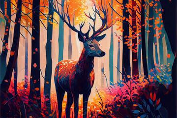 Oil painting art poster, generative Ai of deer in the woods