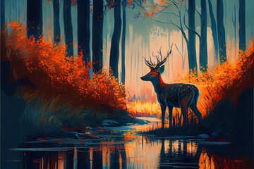 Art painting, poster print, generative Ai, deer in the woods
