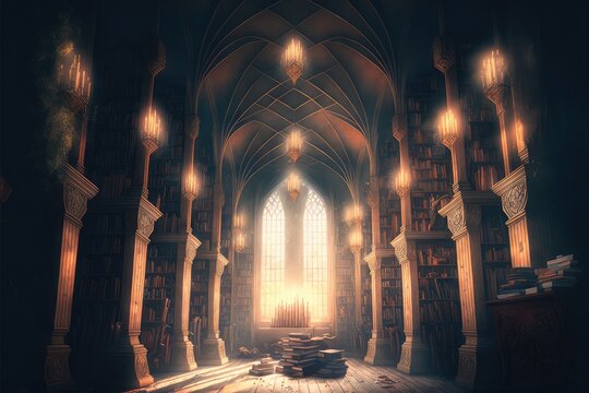 High ceiling magic library in the evening. Fantasy magical scene. Generative ai.