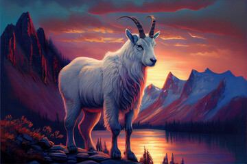 Oil painting art poster, generative Ai of goat in the mountains