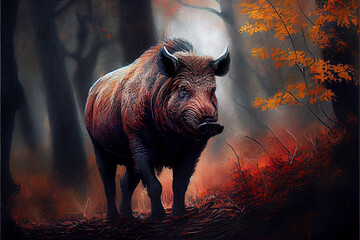 Oil painting art poster, generative Ai of wild boar in forest