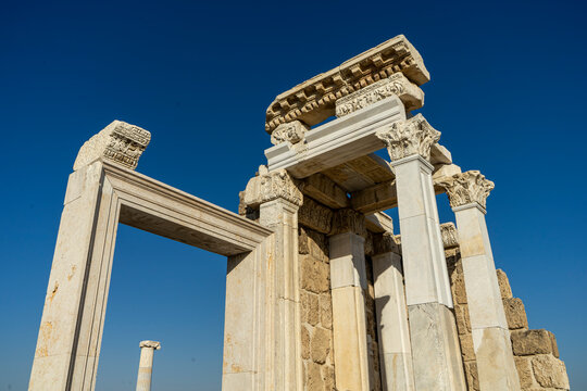 Central Propylon at the entrance of the Northern Sacred Agora in the ancient city of Laodikeia (Laodicea) near Denizli in Turkey.