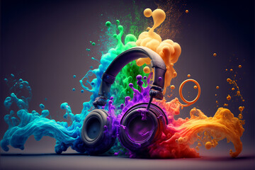 Headphones with colorful splashes. wireless headset with ink smoke of colorful paint as listening to beats. music concept. headphones exploding in colorful ink paint. Generated AI.