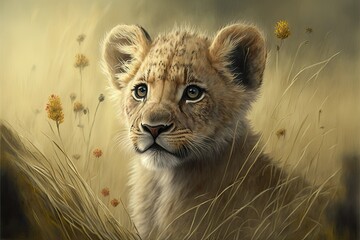 baby lion in the grass , ai generated