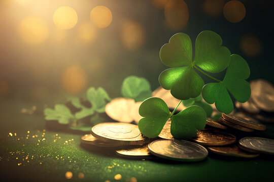 Clover Shamrocks, golden coins and bokeh. Festive image for St. Patrick's day. Generative AI.	
