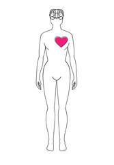 Schematic drawing of a human, brain and heart. Hand drawing. 