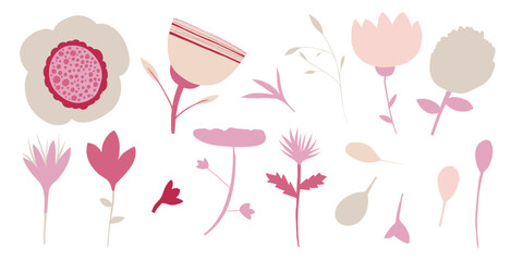 Floral illustration vector set in pink and beige