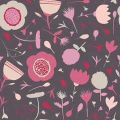 Floral seamless pattern in a pink and brown colour on a brown background
