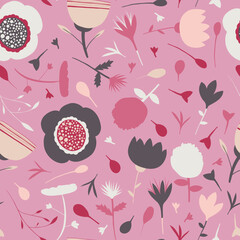 Floral seamless pattern in a pink and brown colour on a pink background
