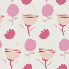 Seamless pattern of large pink flowers on a grey background
