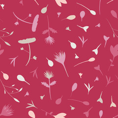 Seamless pattern of scattered simple patterns and foliage on a deep magenta background
