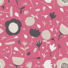 Seamless pattern of scattered flowers on a pink background
