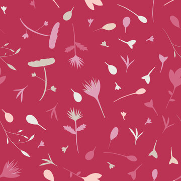 Seamless pattern of scattered simple patterns and foliage on a deep magenta background
