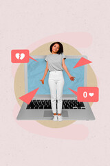 Creative magazine template of addicted lady blogger confused shrug shoulders stand netbook receive...