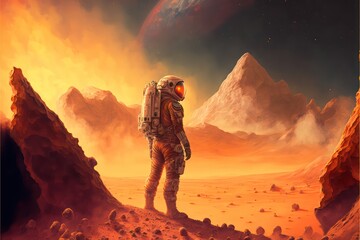 3D illustration of astronaut on mars. Generative AI.