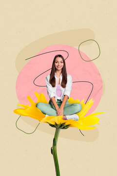 Funny photo poster collage of young cheerful positive lady sitting on yellow flower menstruation day healthcare isolated on beige background