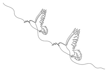 Peace dove with olive branch, one line art continuous contour. Hand drawn pigeon, doodle hope bird sign of freedom and independence.Editable stroke.Isolated.Vector illustration
