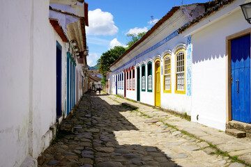 Street of historical center in Paraty, Rio de Janeiro, Brazil. Paraty is a preserved Portuguese colonial and Brazilian Imperial municipality.