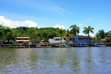Embankment with boats of historical center of Paraty, Rio de Janeiro, Brazil