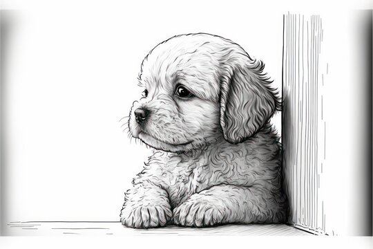 Cute puppy. Illustration digital art painting. Black line art. Generative AI. 