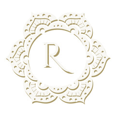 r  letter,  inside floral mandala frame