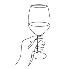 Hand drawn hand holds wine glass one line art,continuous drawing contour.Cheers toast festive decoration for holidays,romantic Valentine's Day design.Editable stroke. Isolated.Vector illustration