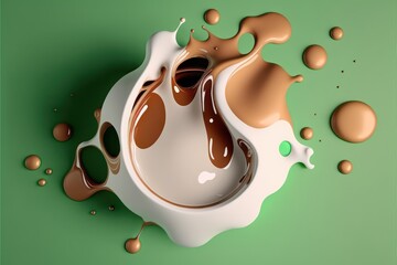 3D chocolate and milk splash isolated on green background. Coffee mocha splash isolated for dicut. Generative AI.