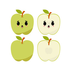 Grieving green apple with kawaii emoji. Flat design vector illustration of green apple on white background.