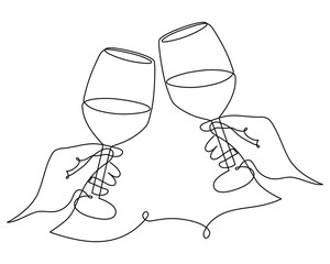 Hand drawn wine clinking glasses one line art,continuous drawing contour.Cheers toast festive decoration for holidays,romantic Valentine's Day design.Editable stroke. Isolated.Vector