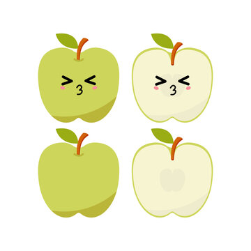 Kissing green apple with kawaii emoji. Flat design vector illustration of green apple on white background.